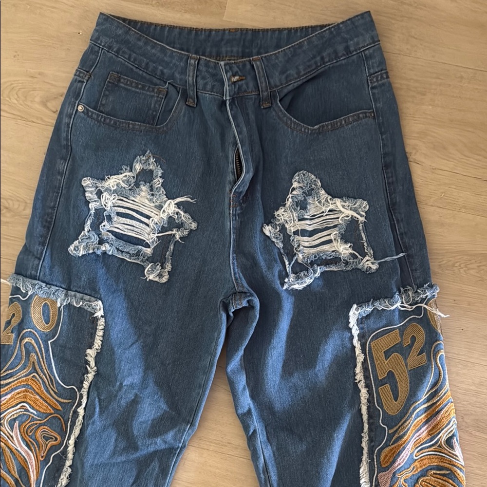 Men's Distressed Blue Jeans with Embroidered Details